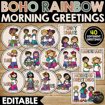 Preview of BOHO RAINBOW Morning Greeting Signs | Editable | Classroom Greetings | Neutral