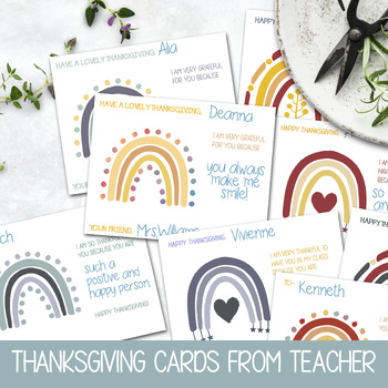 Preview of BOHO RAINBOW THANKFUL FOR YOU NOTES FOR STUDENTS FROM TEACHER, THANKSGIVING CARD