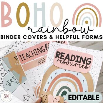 Preview of Boho Rainbow Binder Covers, Calendar, & Helpful Classroom Forms | Teacher Binder