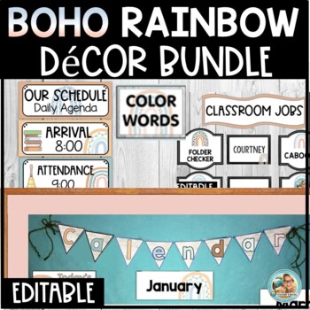 Preview of BOHO Rainbow Classroom Decor Bundle | EDITABLE