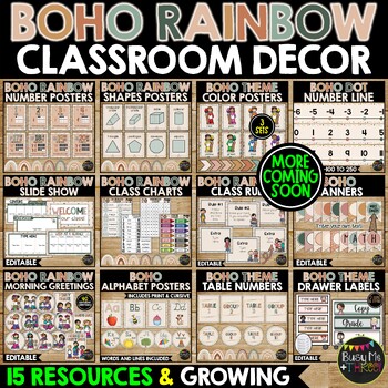 Preview of BOHO Rainbow and Hearts Classroom Decor BUNDLE | Management | Organization