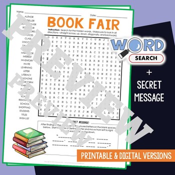 Preview of BOOK FAIR Word Search Puzzle Activity Vocabulary Worksheet Secret Message