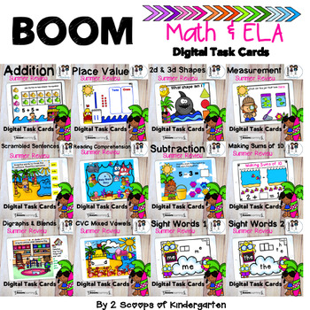 Preview of BOOM Bundled Kindergarten Math & ELA Digital Task Cards Summer Review