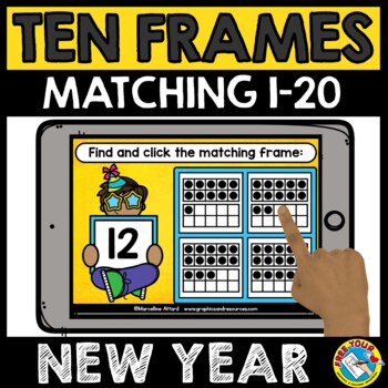 Preview of BOOM CARD NEW YEAR MATH ACTIVITY KINDERGARTEN COUNT 10 FRAMES 1-20 GAME JANUARY