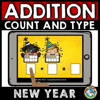 Preview of BOOM CARD NEW YEAR MATH ACTIVITY KINDERGARTEN JANUARY PICTURE ADDITION GAME
