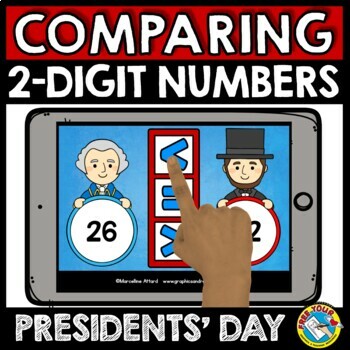 Preview of BOOM CARD PRESIDENTS DAY MATH ACTIVITY 1ST GRADE COMPARE 2 DIGIT NUMBER FEBRUARY