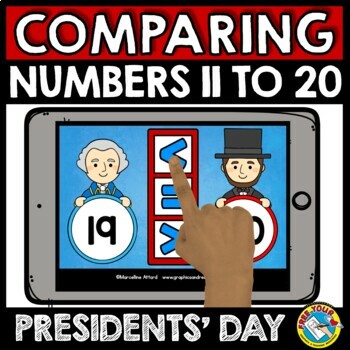 Preview of BOOM CARD PRESIDENTS DAY MATH ACTIVITY COMPARE TEEN NUMBER KINDERGARTEN FEBRUARY