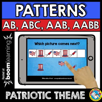 Preview of BOOM CARDS 4TH OF JULY MATH PATTERNING ACTIVITY KINDERGARTEN MATH PATRIOTIC