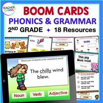 Preview of 2ND GRADE GRAMMAR REVIEW BOOM CARDS Nouns Adjectives Syllable Division  BUNDLE