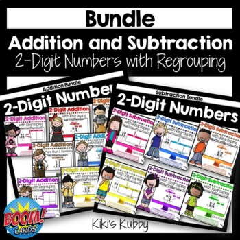 Preview of BOOM CARDS Add and Subtract 2-Digit Numbers with Regrouping BUNDLE