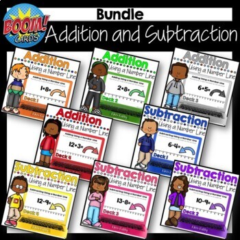 Preview of BOOM CARDS Adding and Subtracting Using a Number Line BUNDLE