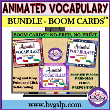 Preview of Vocabulary ANIMATED GIFS Pronouns | Verbs | Prepositions BOOM CARDS BUNDLE