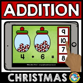 Preview of BOOM CARDS CHRISTMAS MATH ACTIVITY KINDERGARTEN DECEMBER PICTURE ADDITION GAME