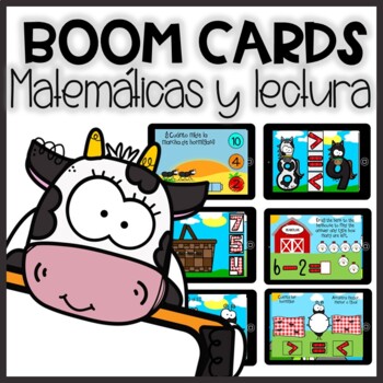Preview of BOOM CARDS DE LECTURA Y MATEMÁTICAS | Math & Literacy Digital Centers in Spanish