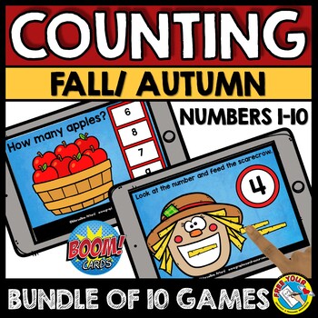 Preview of MATH BOOM CARDS FALL COUNTING OBJECTS NUMBERS 1 TO 10 SETS DIGITAL GAMES BUNDLE