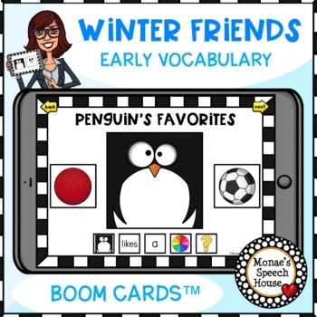 Preview of BOOM CARDS™ EARLY VOCABULARY PENGUIN SNOWMAN SPEECH THERAPY