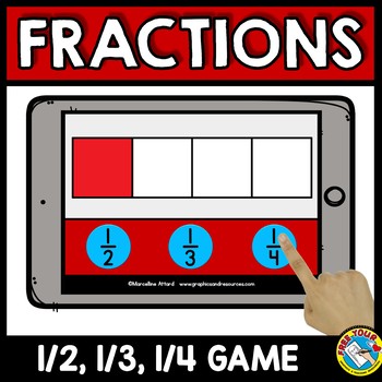 Preview of BOOM CARDS SIMPLE FRACTIONS FIRST GRADE ACTIVITY GAME HALVES THIRDS & FOURTHS