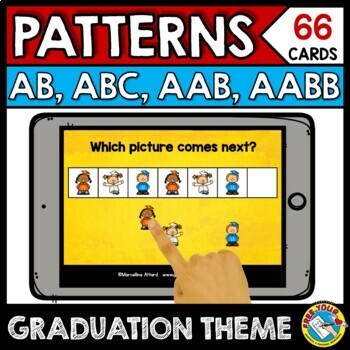 Preview of BOOM CARDS GRADUATION PATTERNING 1ST GRADE MAY END OF THE YEAR KINDERGARTEN MATH