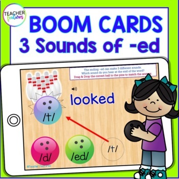 Preview of BOOM CARDS Digital Phonics INFLECTIONAL ENDINGS 3 Sounds of –ED (Bowling Theme)