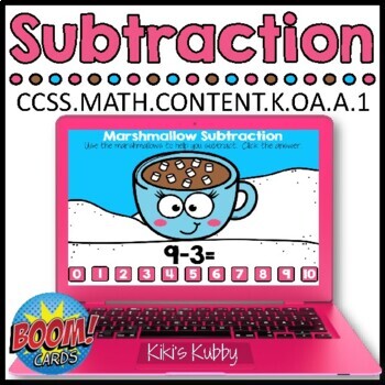 Preview of BOOM CARDS K.OA.A.1 Subtracting Within 10: Winter Deck 2 Distance Learning