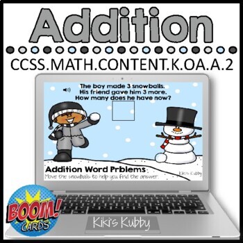 Preview of BOOM CARDS K.OA.A.2 Addition Word Problems: Winter Deck 3 Distance Learning