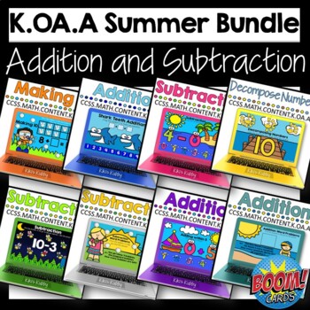 Preview of BOOM CARDS K.OA.A Addition and Subtraction Summer BUNDLE