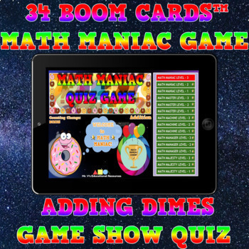 Preview of IEP RESOURCE BOOM CARDS - Math Maniac Quiz Game - Adding US DIMES - DIGITAL