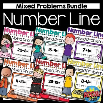 Preview of BOOM CARDS Mixed Problems Using a Number Line BUNDLE | Add and Subtract