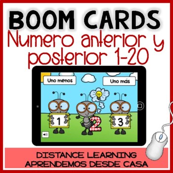 Preview of BOOM CARDS:NÚMERO ANTERIOR Y POSTERIOR 1-20 -Distance Learning primavera