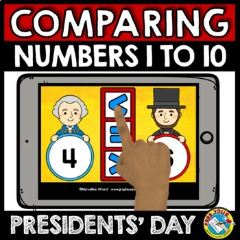 Preview of BOOM CARDS PRESIDENTS DAY COMPARING NUMBERS KINDERGARTEN ACTIVITY FEBRUARY MATH