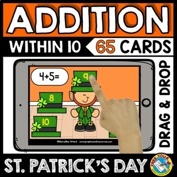 Preview of BOOM CARDS ST PATRICKS DAY MATH ACTIVITY MARCH ADDITION FACTS TO 10 FLUENCY