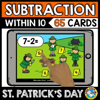 Preview of BOOM CARDS ST PATRICKS DAY MATH ACTIVITY MARCH SUBTRACTION FACTS FLUENCY 1-10