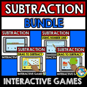 Preview of SUBTRACTION GAMES WITH PICTURES CENTERS KINDERGARTEN BOOM CARDS MATH DIGITAL