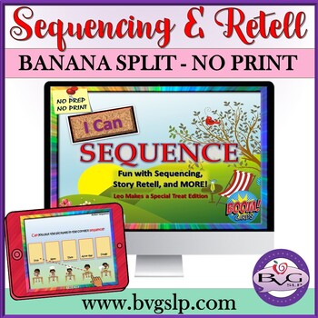 Preview of BOOM CARDS Sequencing and Story Retell Banana Split - Teletherapy