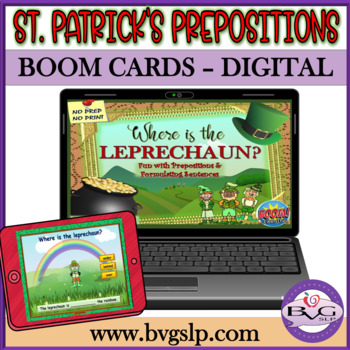 Preview of BOOM CARDS St Patrick's Day Prepositions and Sentence Formulation - Teletherapy