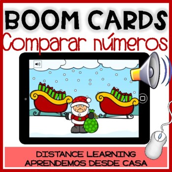 Preview of BOOM CARDS de NAVIDAD:Comparación de números 1-10 MÁS O MENOS- Distance Learning