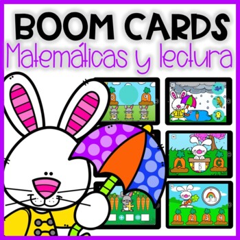 Preview of BOOM CARDS de lectura y matemáticas | Digital Centers in Spanish | Easter