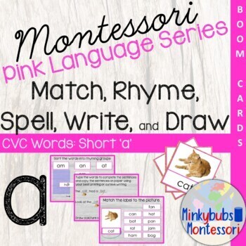 Preview of BOOM CVC Word Match Rhyme Spell Write Draw Short 'A' Montessori Pink Language DL