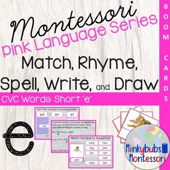Preview of BOOM CVC Word Rhyme Spell Write Draw Short 'E' Montessori Pink Language PL-4.2
