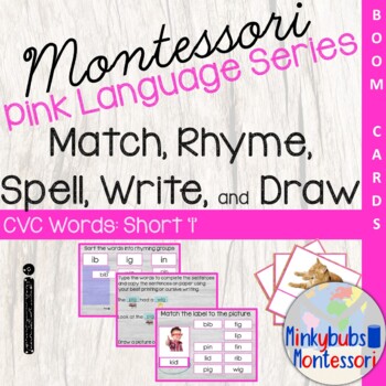 Preview of BOOM CVC Word Rhyme Spell Write Draw Short 'I' Montessori Pink Language PL-4.3