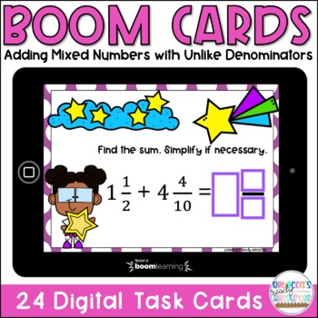 Preview of BOOM Cards™| Adding Mixed Numbers with Unlike Denominators | Distance Learning