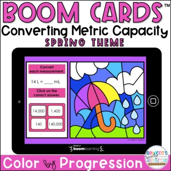 Preview of BOOM Cards™ | Converting Metric Capacity Color by Number Progression | Spring