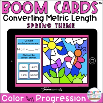 Preview of BOOM Cards™ | Converting Metric Length Color by Number Progression | Spring