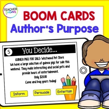 Preview of AUTHOR'S PURPOSE Reading Passages & Questions BOOM CARDS