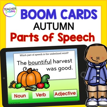 Preview of NOUNS VERBS ADJECTIVES Boom Cards  PARTS OF SPEECH FALL Grammar Review Word Work