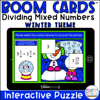 Preview of BOOM Cards™ Dividing Mixed Numbers Winter Puzzle