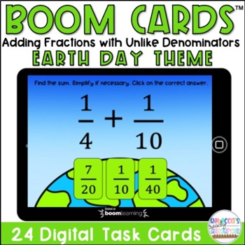 Preview of BOOM Cards™| Earth Day Adding Fractions with Unlike Denominators