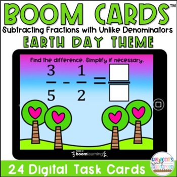 Preview of BOOM Cards™| Earth Day Subtracting Fractions with Unlike Denominators