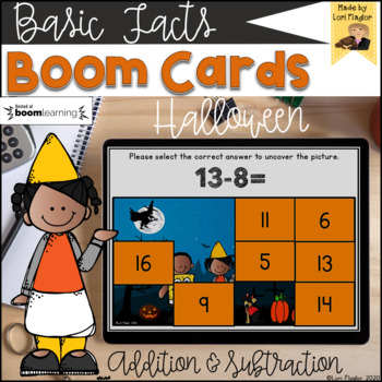 Preview of BOOM Cards-Halloween Addition and Subtraction Facts Uncover the Picture