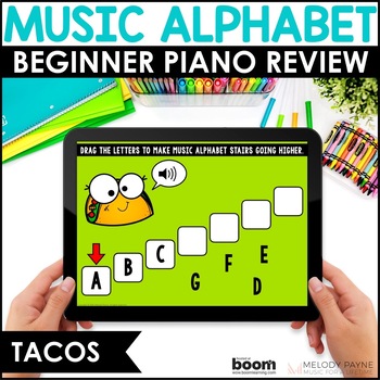 Preview of Beginning Piano BOOM™ Cards - Music Alphabet Activities Review ABCDEFG - Tacos